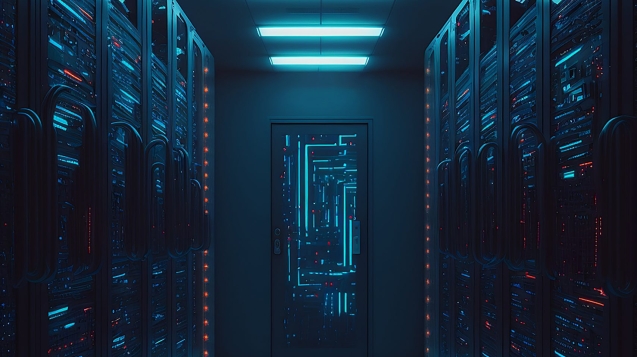 Data server racks hub room with big data computer center. Blue corridor interior for hosting storage hardware system.
